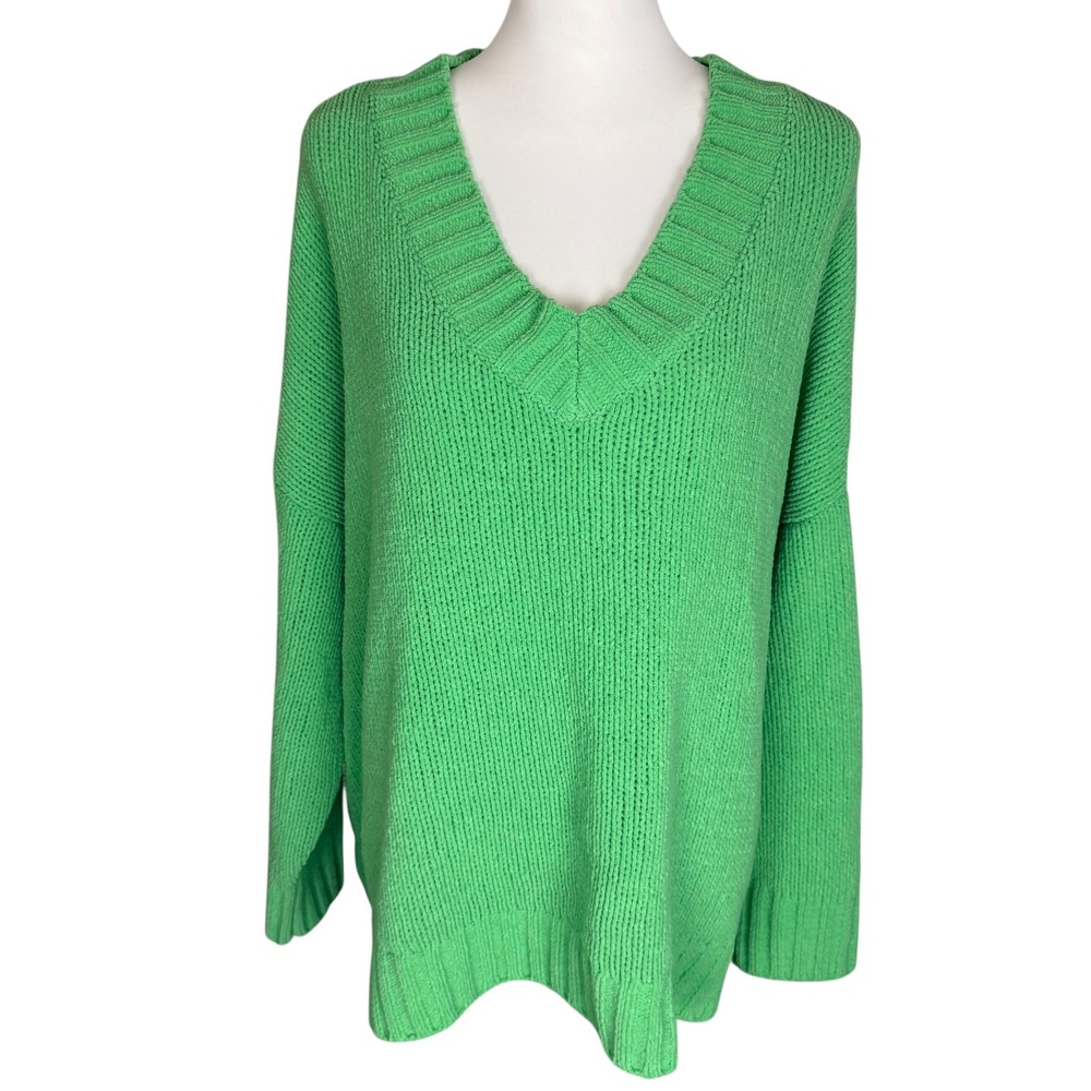 Aerie Womens Oversized Chunky Knit V-Neck Sweater Kelly Green L Large Relaxed‎